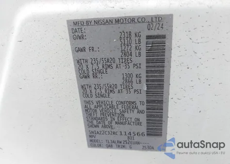 2024 Nissan Murano Sl Fwd from USA, damaged, VIN 5N1AZ2CJ2RC114566